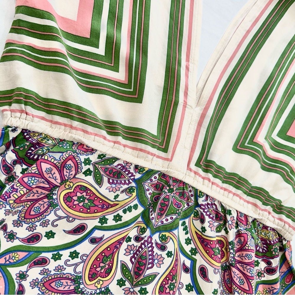 Flying Tomato Boho V Neck Cream/Green/Pink Floral Flowy Top Blouse Size Large - Picture 3 of 8